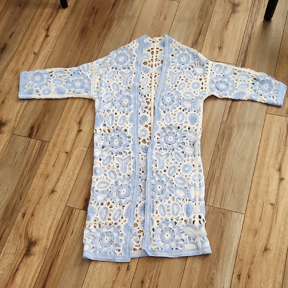 POL Light Blue and White Crochet Open-Front Cardigan